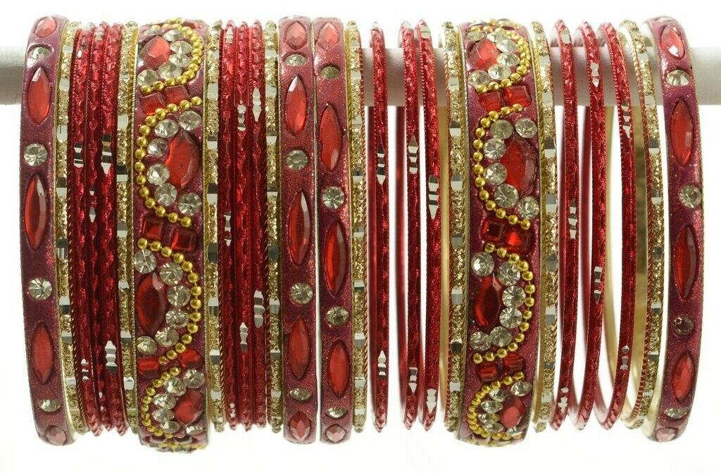 Indian Bangles Set of 26 Ethnic Bracelets Bridal Churi Kangan Maroon 2-4