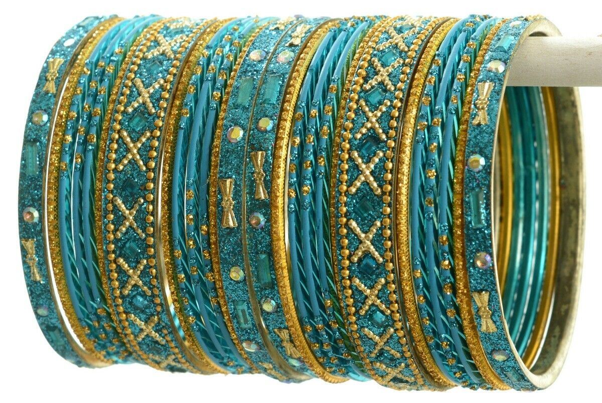 Indian Bangles Set of 26 Ethnic Bracelets Traditional Churi Kangan Blue 2-8