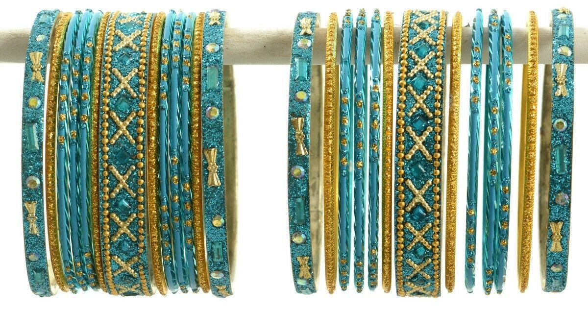 Indian Bangles Set of 26 Ethnic Bracelets Traditional Churi Kangan Blue 2-8