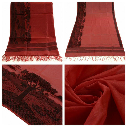 Woven Cotton Blend Indian Long Stole Banaras Ganga Ghat Dupatta Deep Red