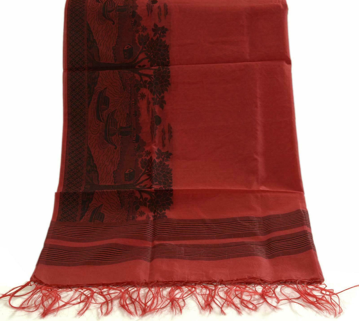 Woven Cotton Blend Indian Long Stole Banaras Ganga Ghat Dupatta Deep Red
