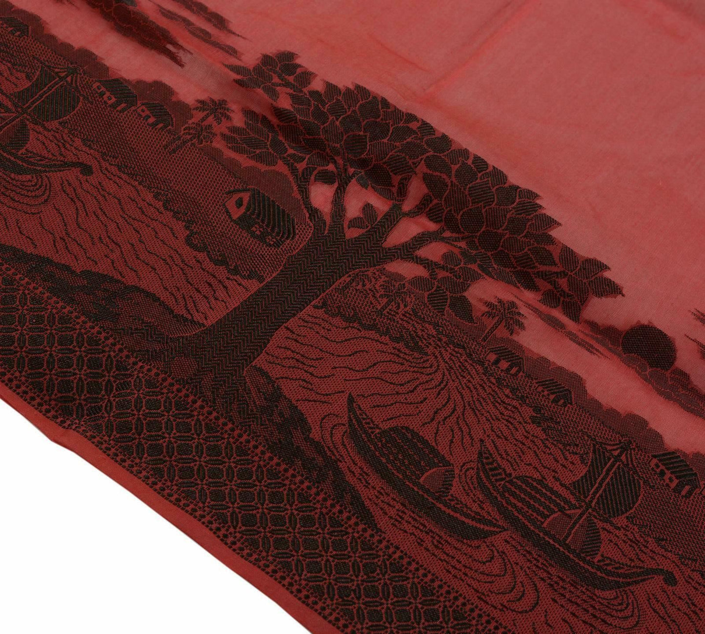 Woven Cotton Blend Indian Long Stole Banaras Ganga Ghat Dupatta Deep Red