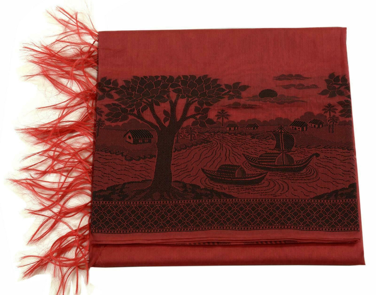 Woven Cotton Blend Indian Long Stole Banaras Ganga Ghat Dupatta Deep Red