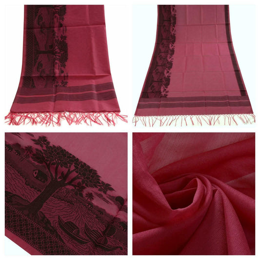 Woven Cotton Blend Indian Long Stole Banaras Ganga Ghat Dupatta Deep Deep Pink