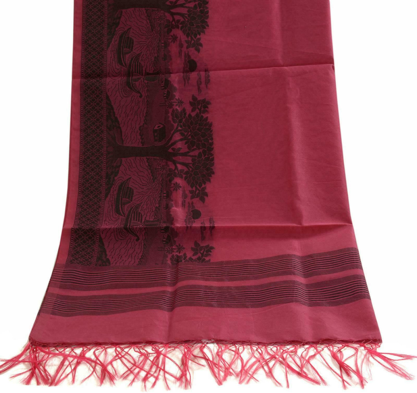 Woven Cotton Blend Indian Long Stole Banaras Ganga Ghat Dupatta Deep Deep Pink