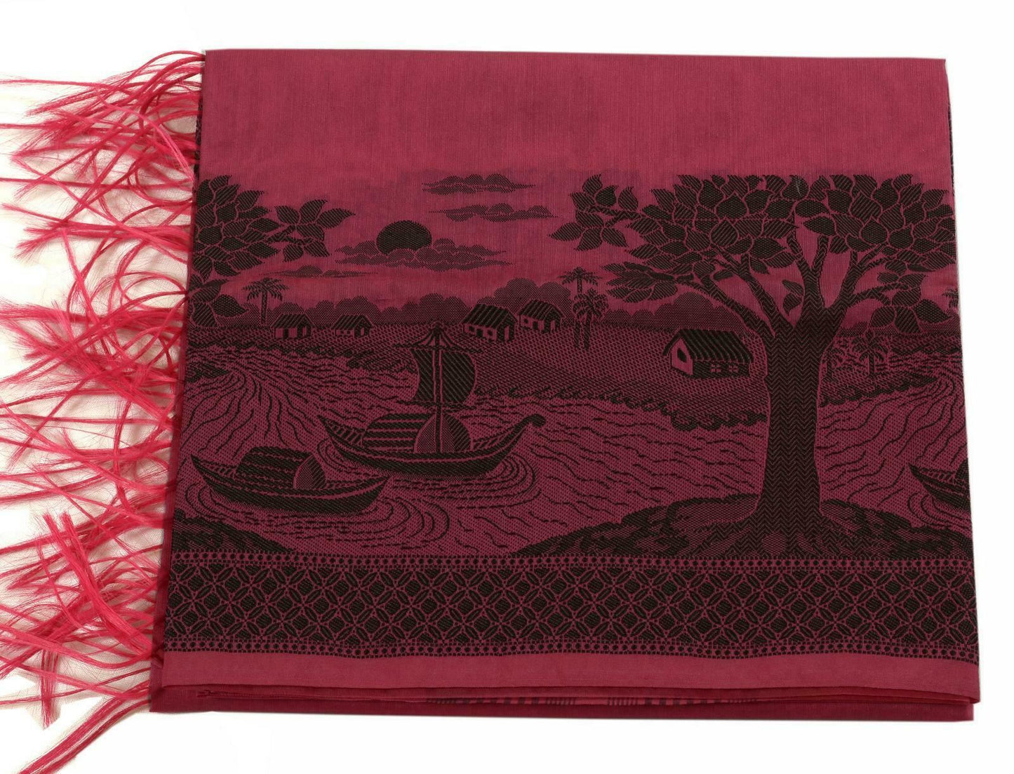 Woven Cotton Blend Indian Long Stole Banaras Ganga Ghat Dupatta Deep Deep Pink