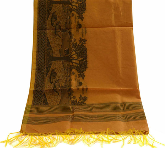 Woven Cotton Blend Indian Long Stole Banaras Ganga Ghat Dupatta Deep Mustard
