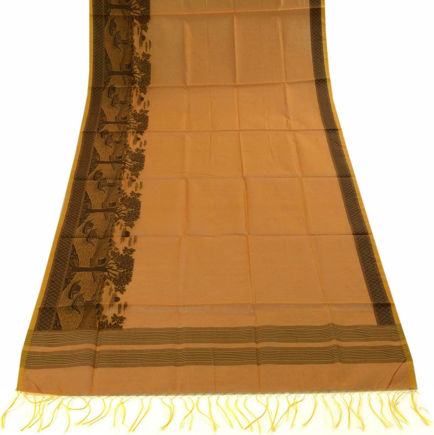 Woven Cotton Blend Indian Long Stole Banaras Ganga Ghat Dupatta Deep Mustard