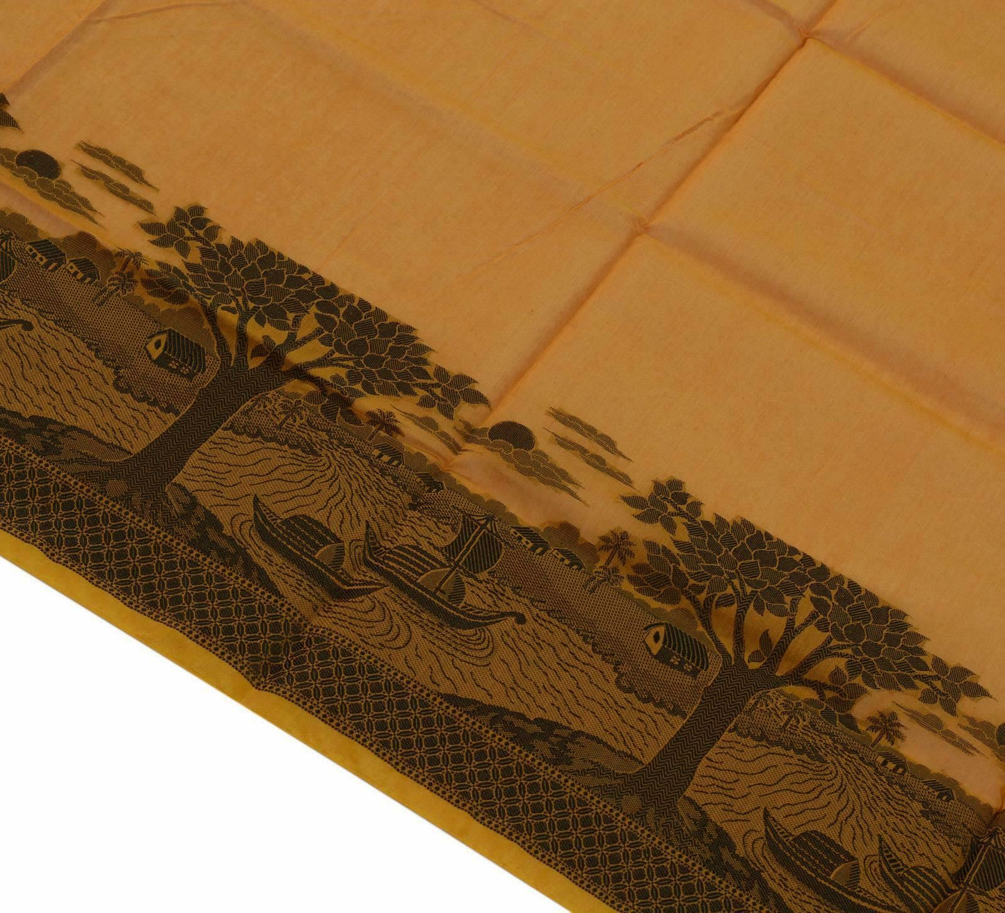 Woven Cotton Blend Indian Long Stole Banaras Ganga Ghat Dupatta Deep Mustard