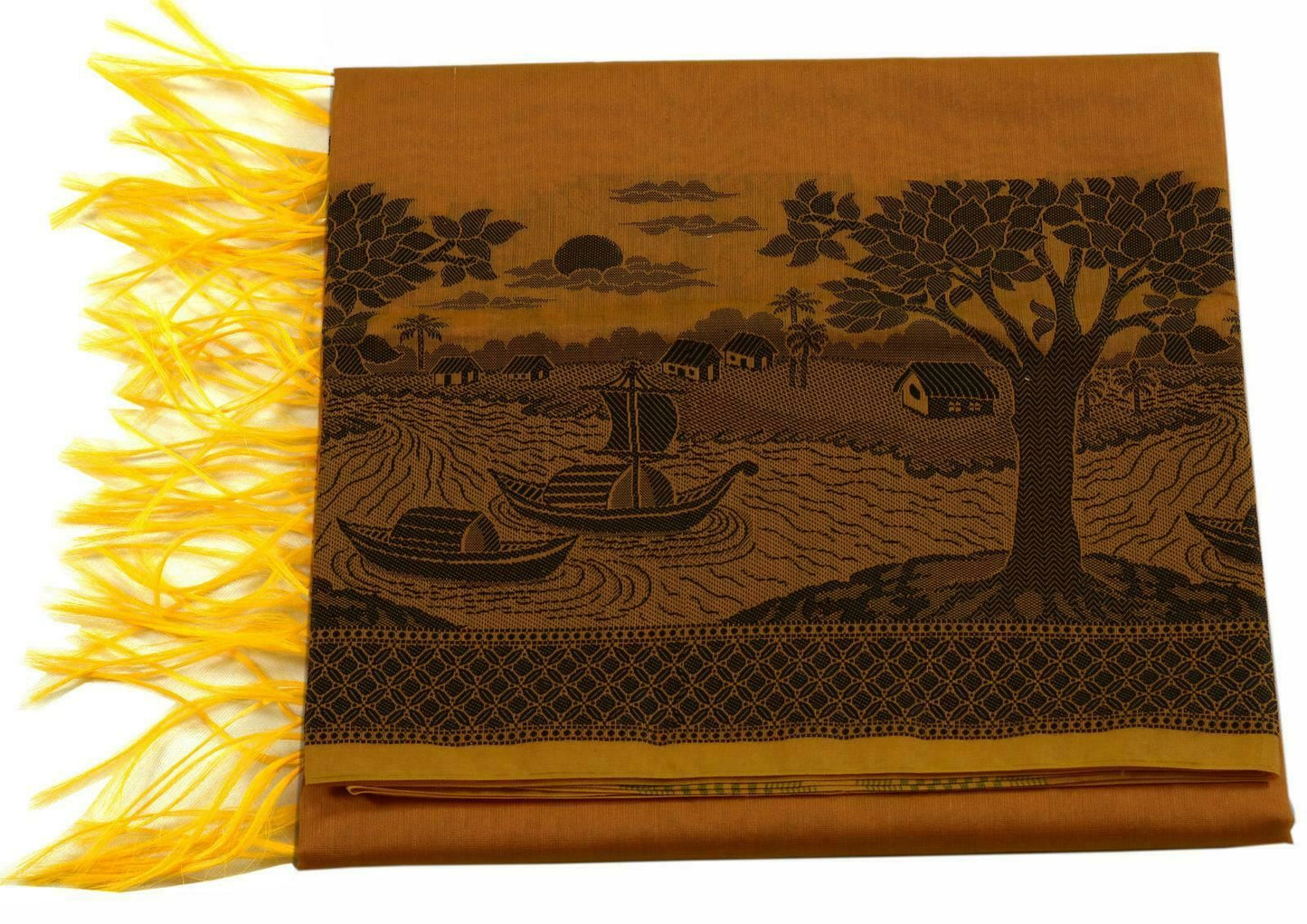 Woven Cotton Blend Indian Long Stole Banaras Ganga Ghat Dupatta Deep Mustard