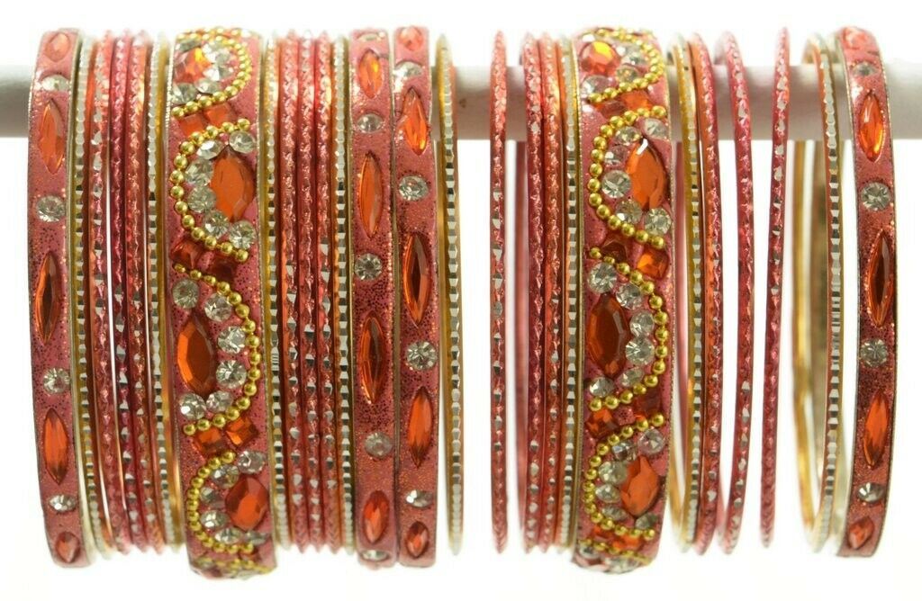 Indian Bangles Set of 26 Ethnic Bracelets Bridal Churi Kangan Peach 2-4