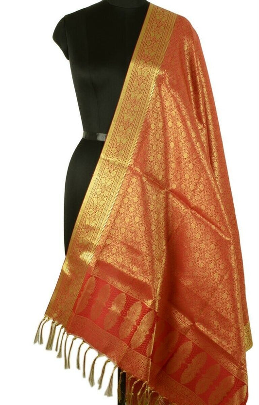 Indian Art Silk Woven Zari Brocade Long Stole Banarasi Dupatta Shawl Maroon