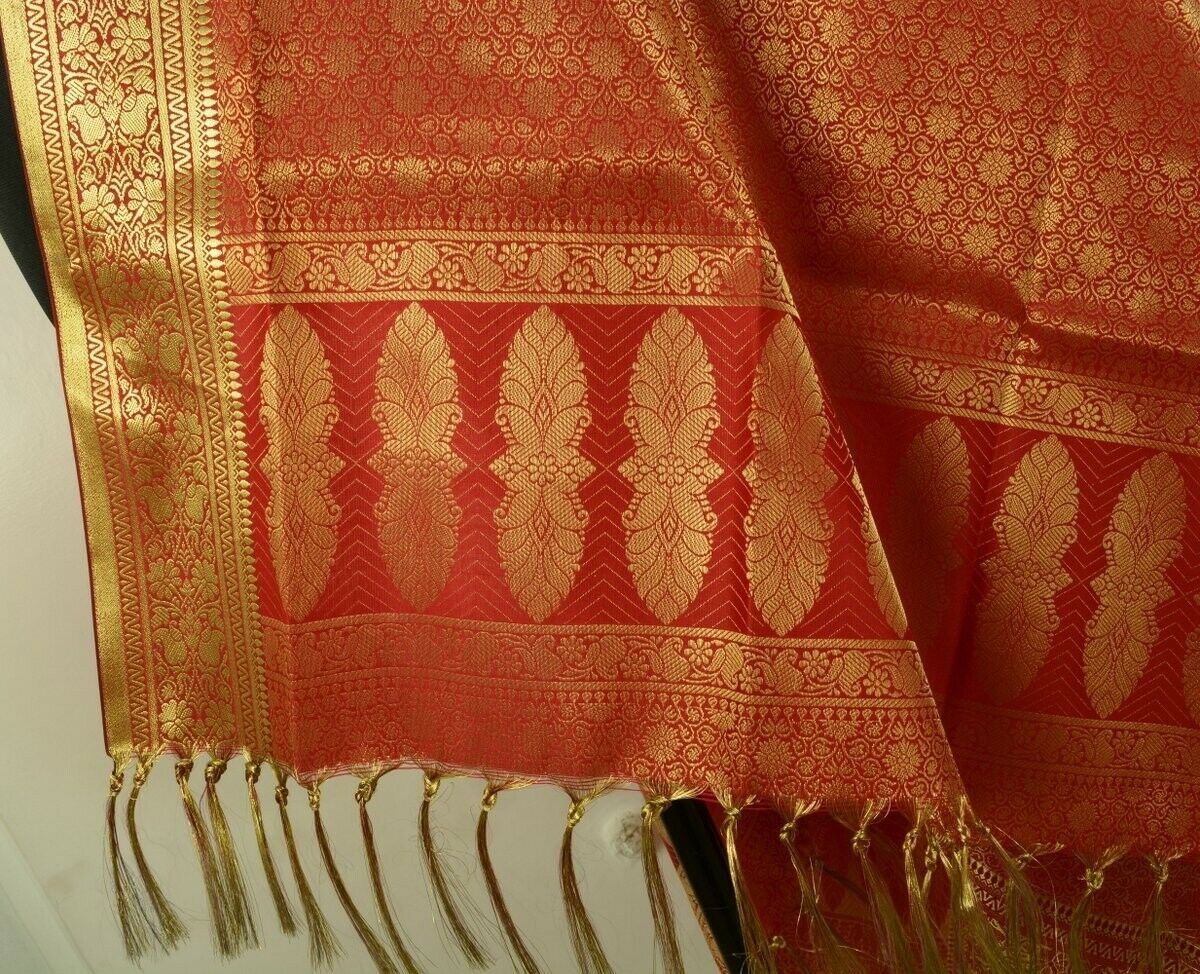 Indian Art Silk Woven Zari Brocade Long Stole Banarasi Dupatta Shawl Maroon