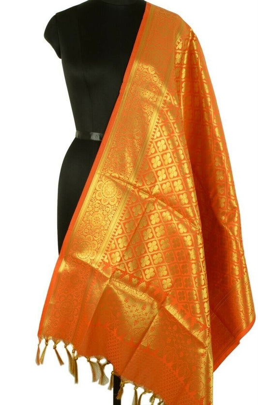 Indian Art Silk Woven Zari Brocade Long Stole Banarasi Dupatta Shawl Orange