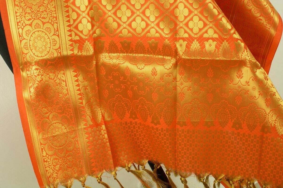 Indian Art Silk Woven Zari Brocade Long Stole Banarasi Dupatta Shawl Orange