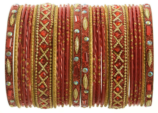Indian Bangles Set of 26 Ethnic Bracelets Traditional Churi Kangan Red 2-8