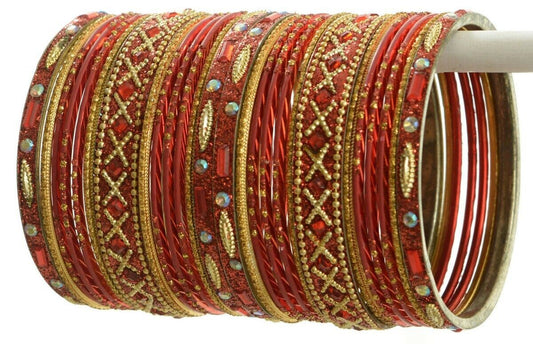 Indian Bangles Set of 26 Ethnic Bracelets Traditional Churi Kangan Red 2-8
