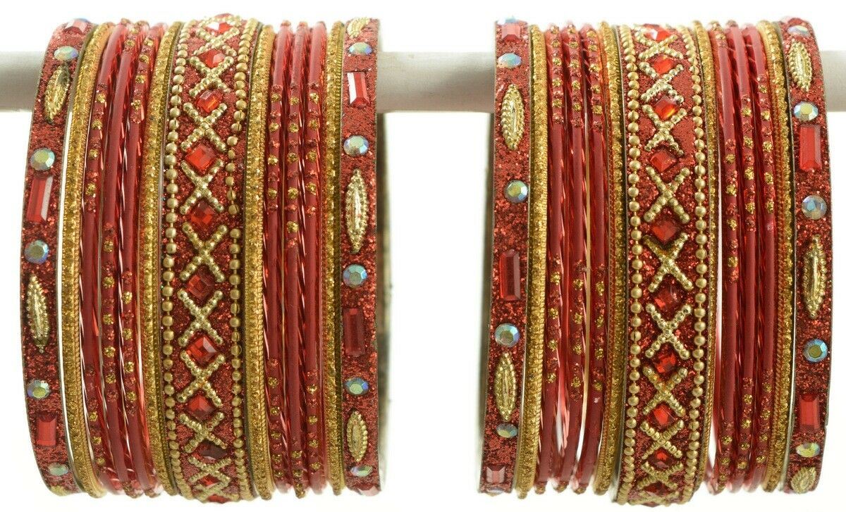 Indian Bangles Set of 26 Ethnic Bracelets Traditional Churi Kangan Red 2-8