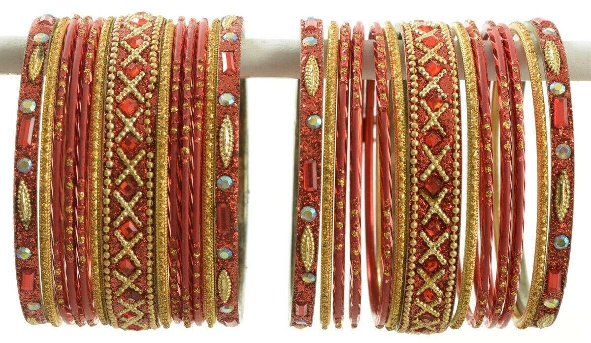 Indian Bangles Set of 26 Ethnic Bracelets Traditional Churi Kangan Red 2-8