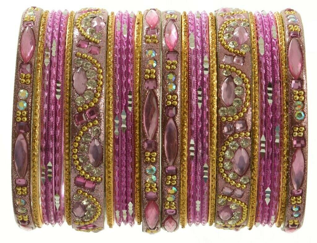 Indian Bangles Set of 26 Ethnic Bracelets Bridal Churi Kangan Pink Golden 2-8