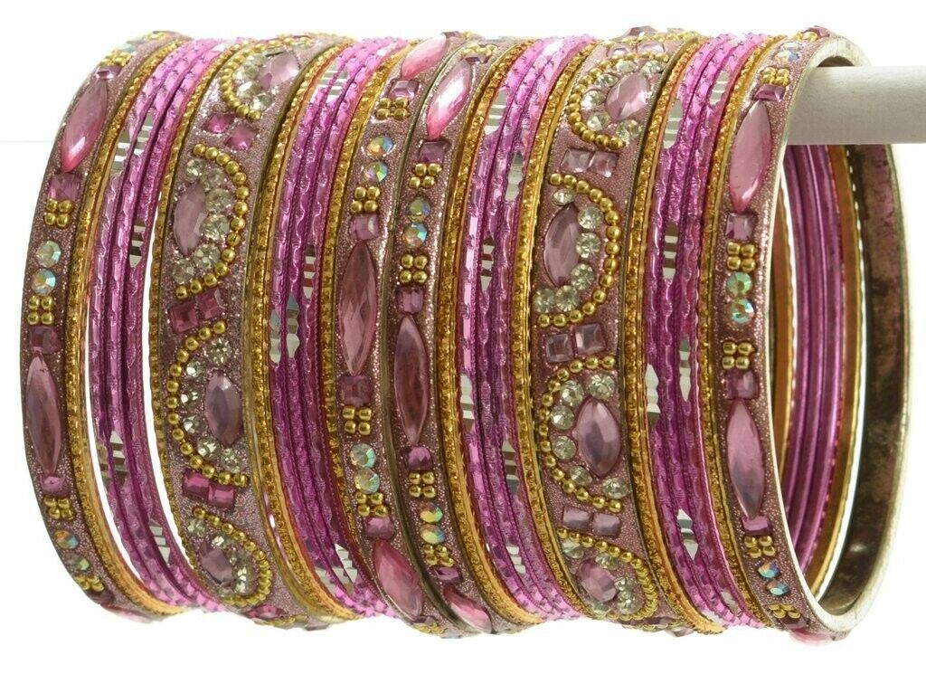 Indian Bangles Set of 26 Ethnic Bracelets Bridal Churi Kangan Pink Golden 2-8