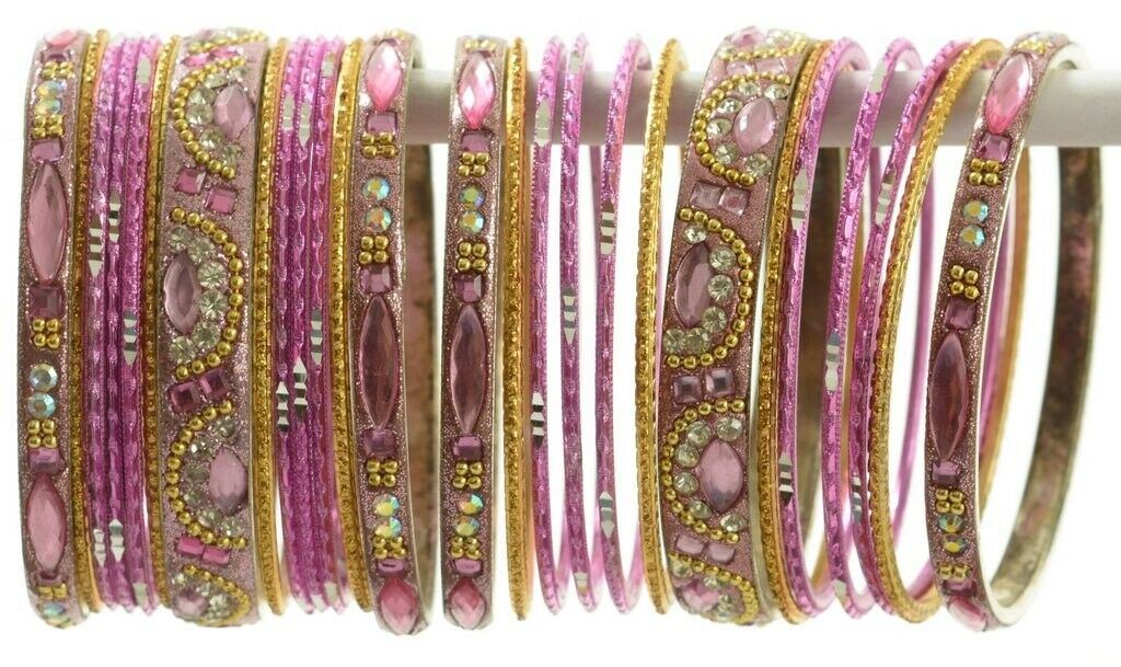 Indian Bangles Set of 26 Ethnic Bracelets Bridal Churi Kangan Pink Golden 2-8