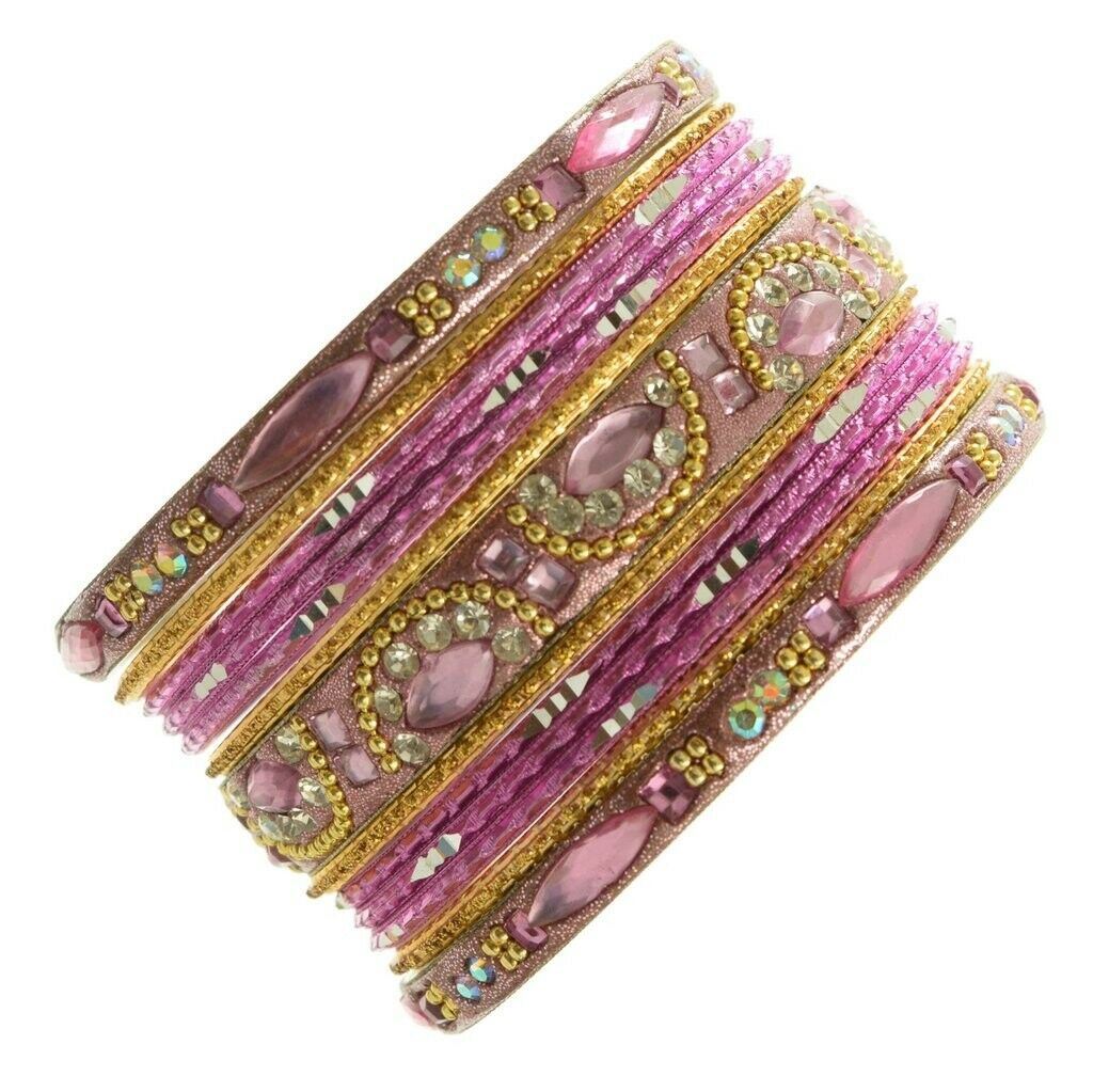 Indian Bangles Set of 26 Ethnic Bracelets Bridal Churi Kangan Pink Golden 2-8