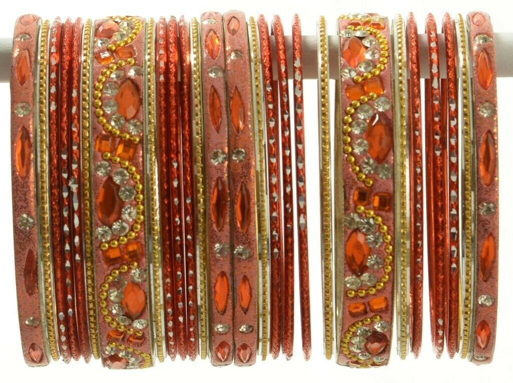 Indian Bangles Set of 26 Ethnic Bracelets Bridal Churi Kangan Orange 2-6