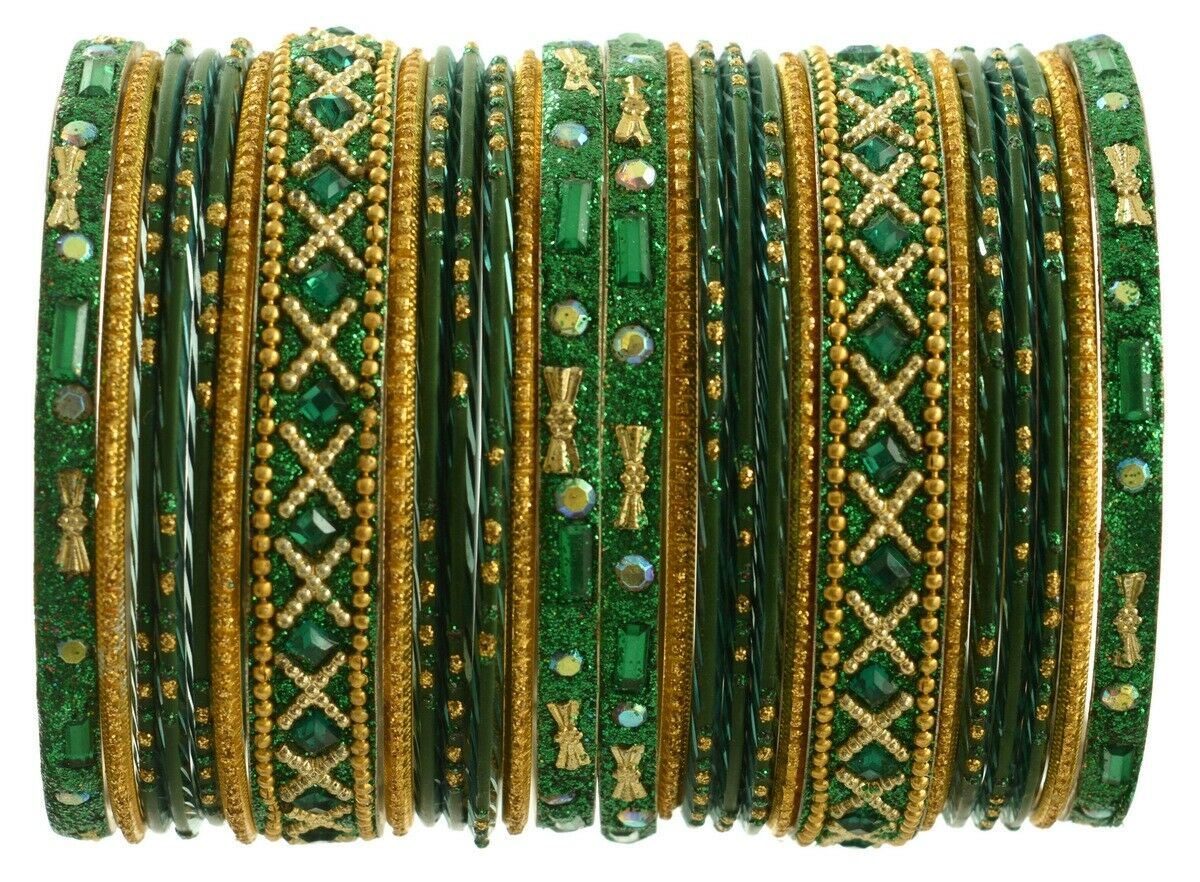 Indian Bangles Set of 26 Ethnic Bracelets Traditional Churi Kangan Green 2-8