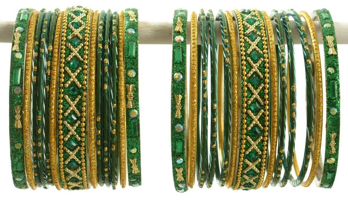 Indian Bangles Set of 26 Ethnic Bracelets Traditional Churi Kangan Green 2-8
