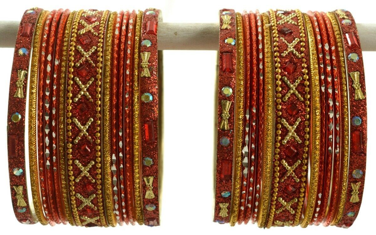 Indian Bangles Set of 26 Ethnic Bracelets Traditional Churi Kangan Orange 2-8