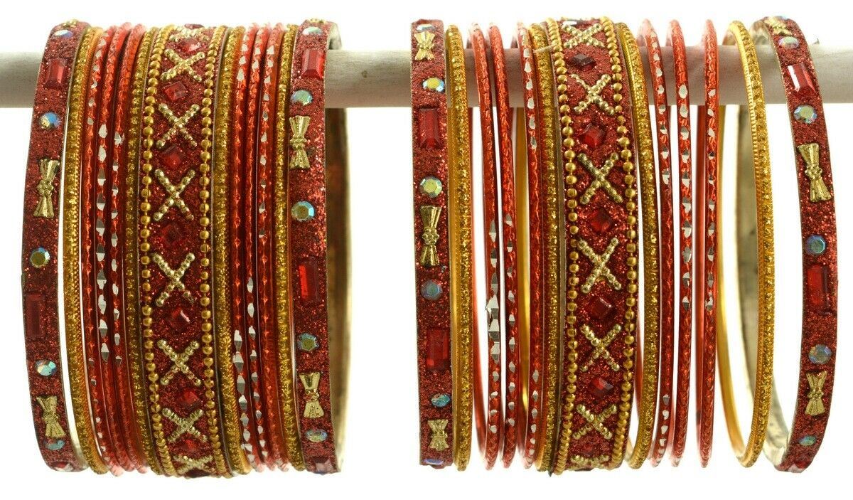 Indian Bangles Set of 26 Ethnic Bracelets Traditional Churi Kangan Orange 2-8