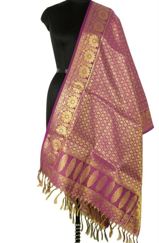 Banarasi Dupatta Indian Art Silk Woven Zari Brocade Long Stole Shawl Purple