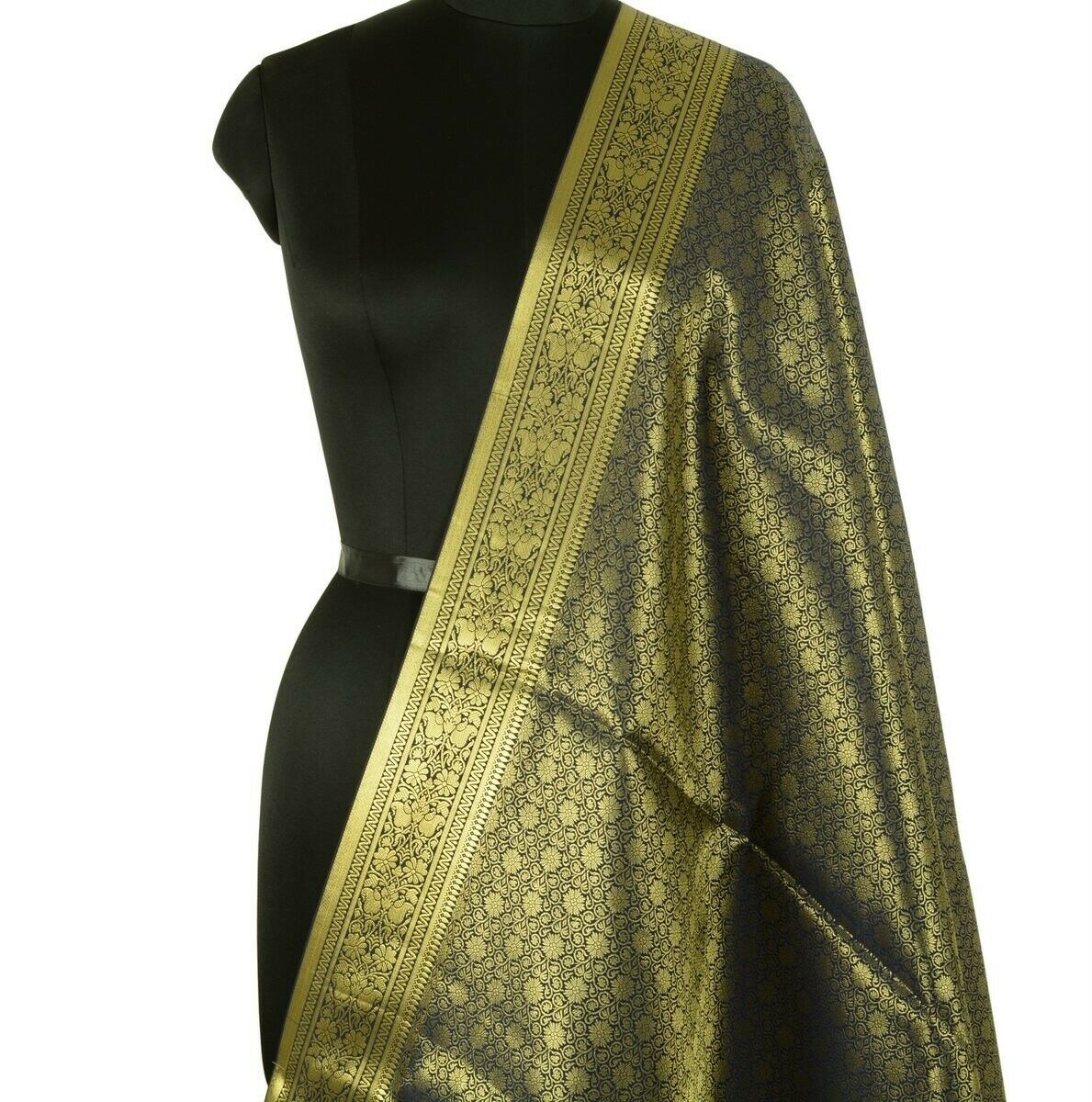 Indian Art Silk Woven Zari Brocade Long Stole Banarasi Dupatta Shawl Blue