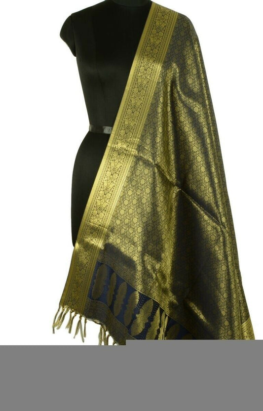 Indian Art Silk Woven Zari Brocade Long Stole Banarasi Dupatta Shawl Blue