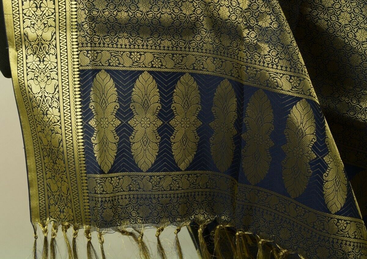 Indian Art Silk Woven Zari Brocade Long Stole Banarasi Dupatta Shawl Blue