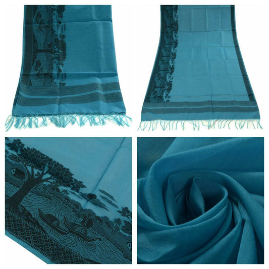 Woven Cotton Blend Indian Long Stole Banaras Ganga Ghat Dupatta Deep Blue