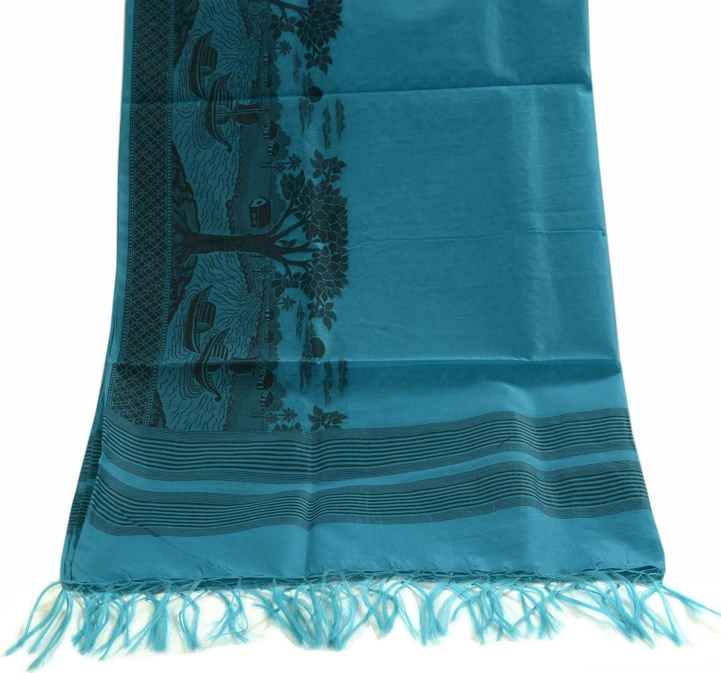 Woven Cotton Blend Indian Long Stole Banaras Ganga Ghat Dupatta Deep Blue