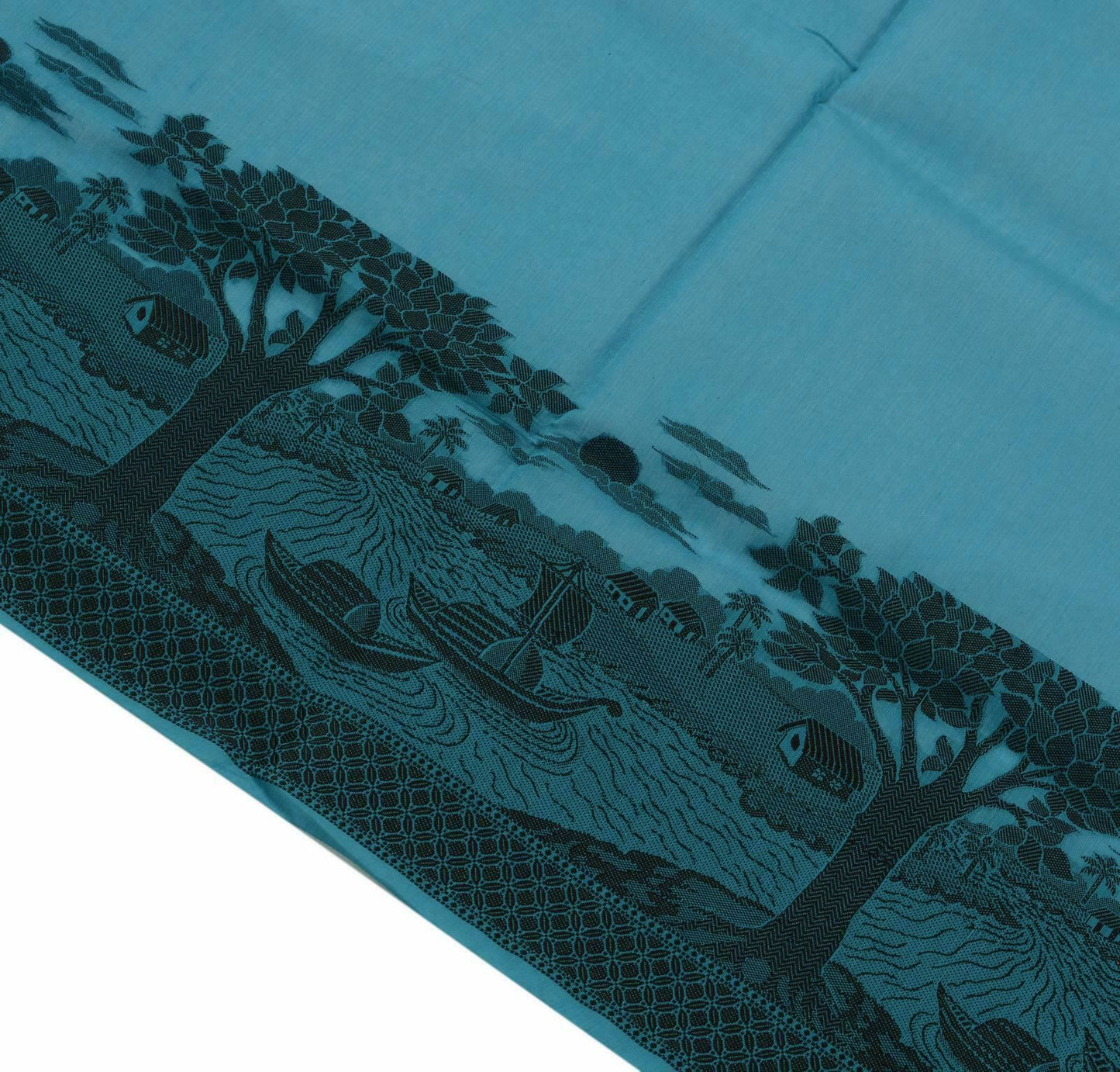 Woven Cotton Blend Indian Long Stole Banaras Ganga Ghat Dupatta Deep Blue