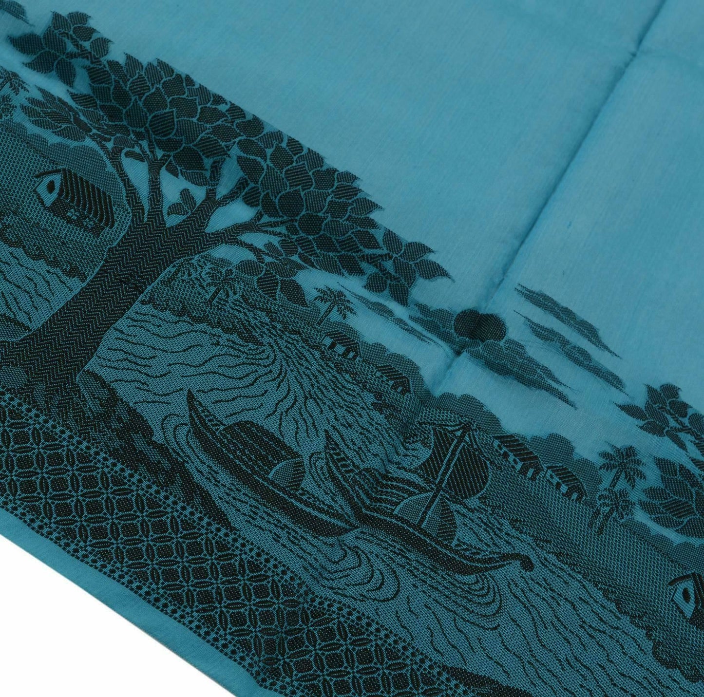 Woven Cotton Blend Indian Long Stole Banaras Ganga Ghat Dupatta Deep Blue
