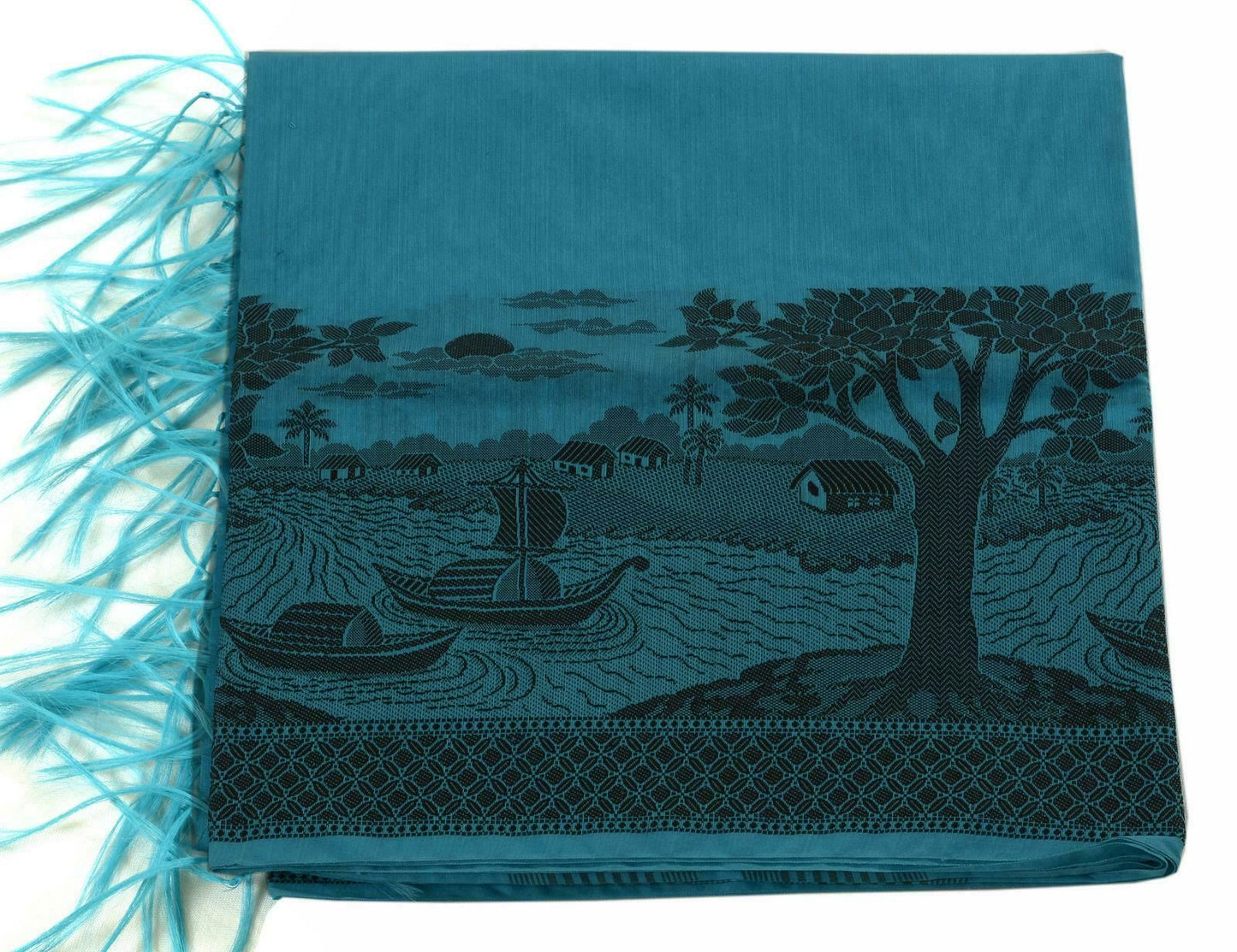 Woven Cotton Blend Indian Long Stole Banaras Ganga Ghat Dupatta Deep Blue