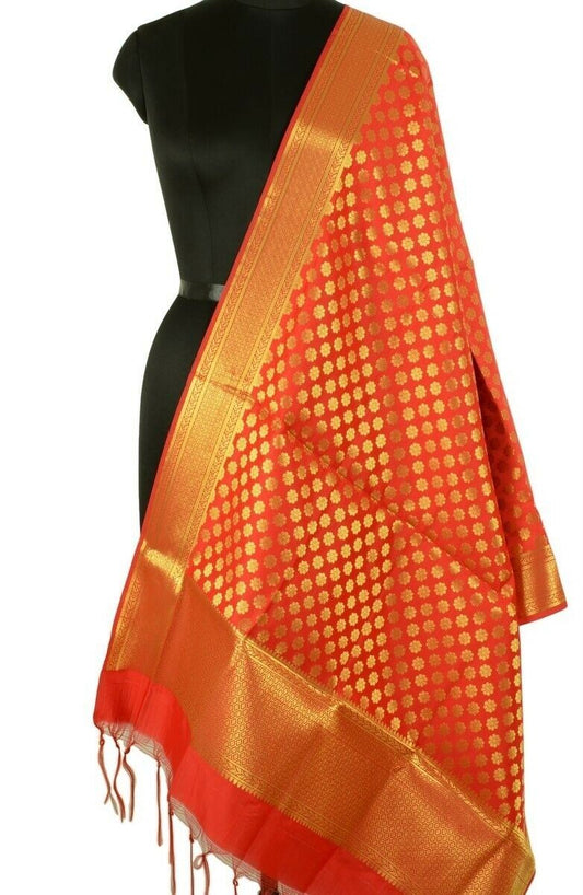 Indian Art Silk Woven Zari Brocade Long Stole Banarasi Dupatta Shawl Red
