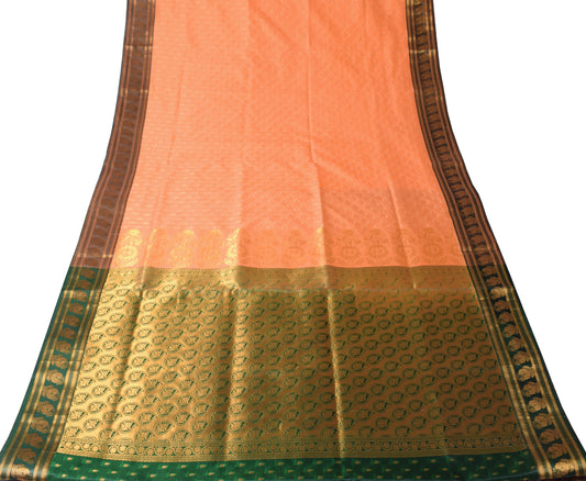 Indian Art Silk Sari Woven Zari & Self Brocade Wedding Saree Fabric Orangish Pea