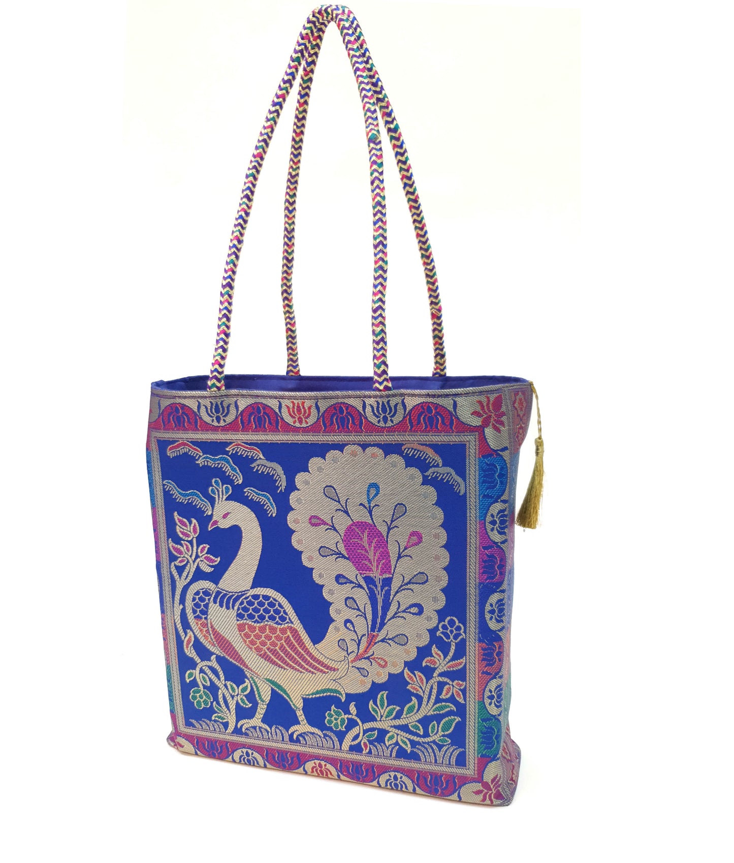 Banarasi Silk Hand Bag Woven Zari Brocade Tote Bag / Shoulder Handbags with Golden Tassels Nice item to Gift