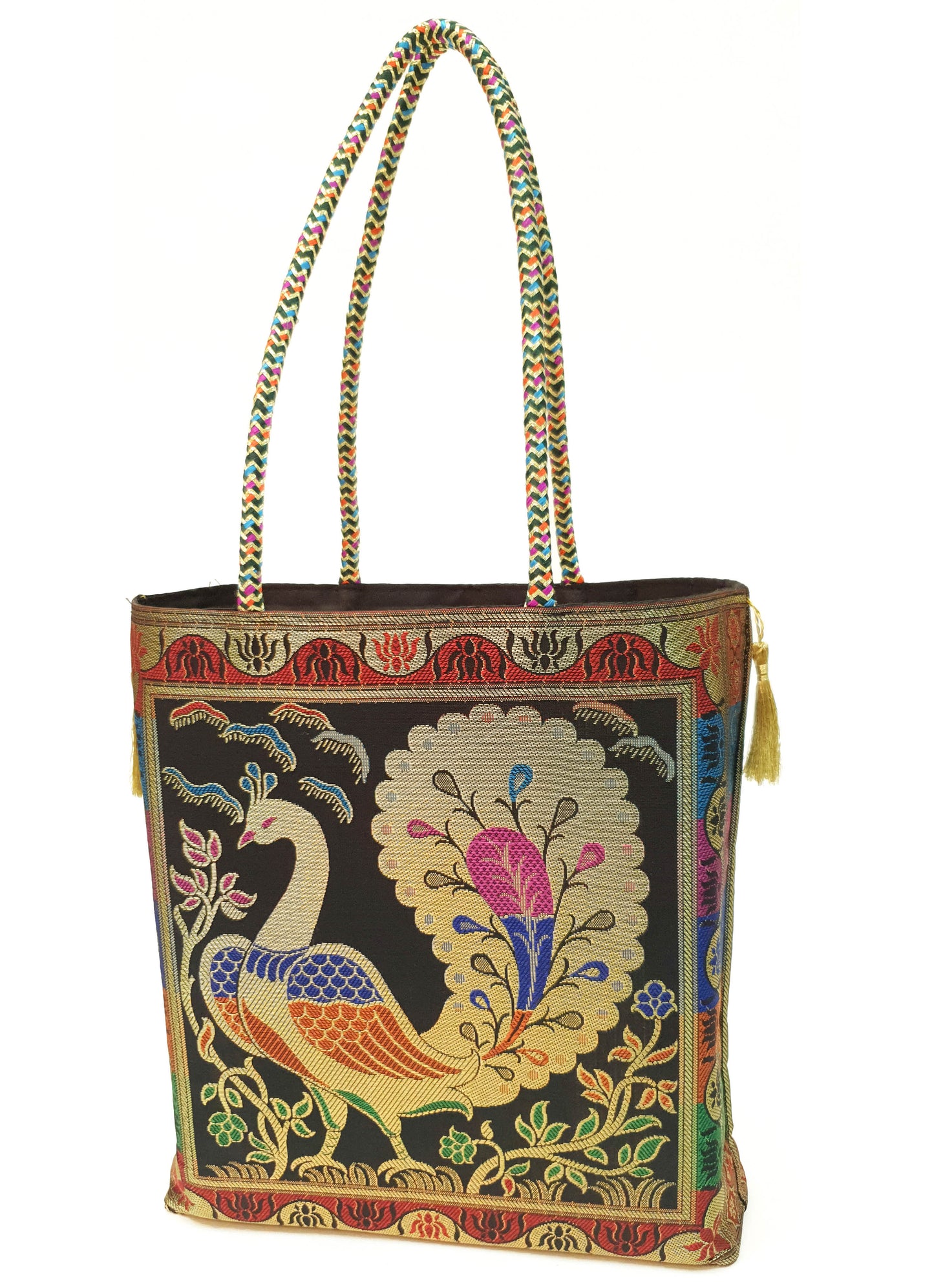 Banarasi Silk Hand Bag Woven Zari Brocade Tote Bag / Shoulder Handbags with Golden Tassels Nice item to Gift