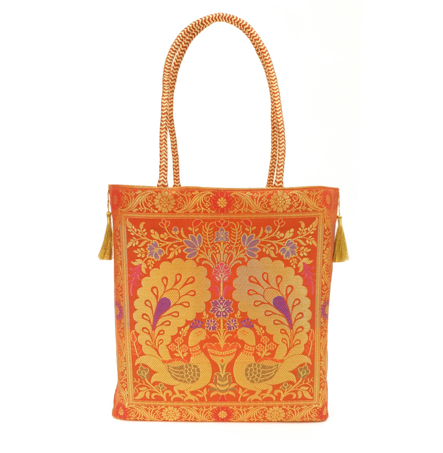 Banarasi Silk Hand Bag Woven Zari Brocade Tote Bag / Shoulder Handbags with Golden Tassels Nice item to Gift