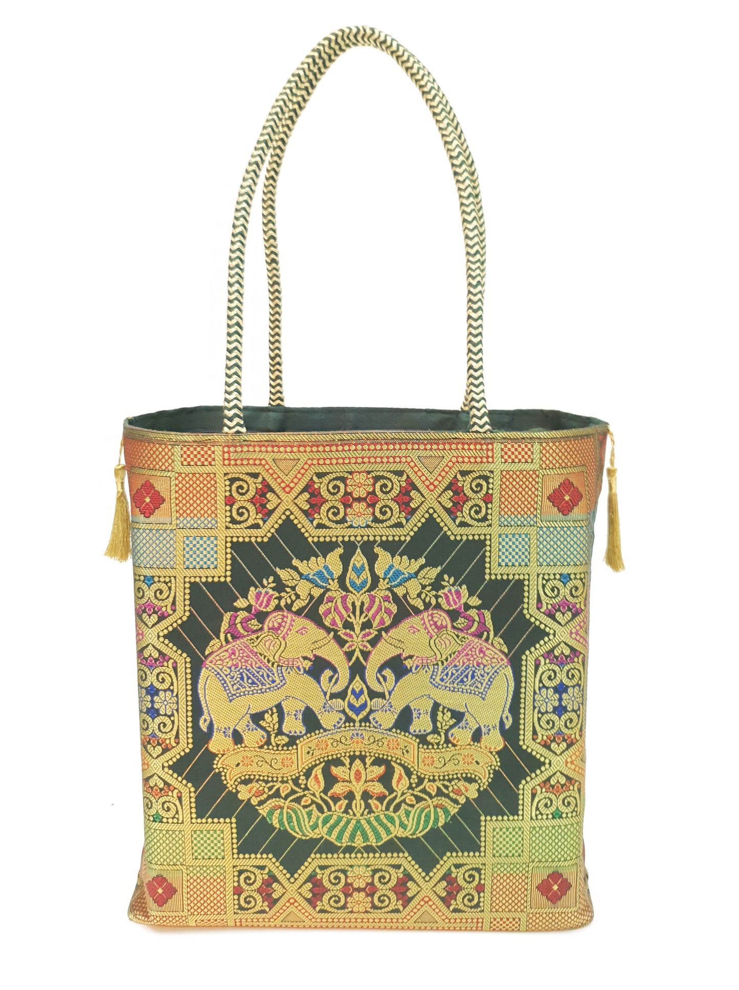 Banarasi Silk Hand Bag Woven Zari Brocade Tote Bag / Shoulder Handbags with Golden Tassels Nice item to Gift