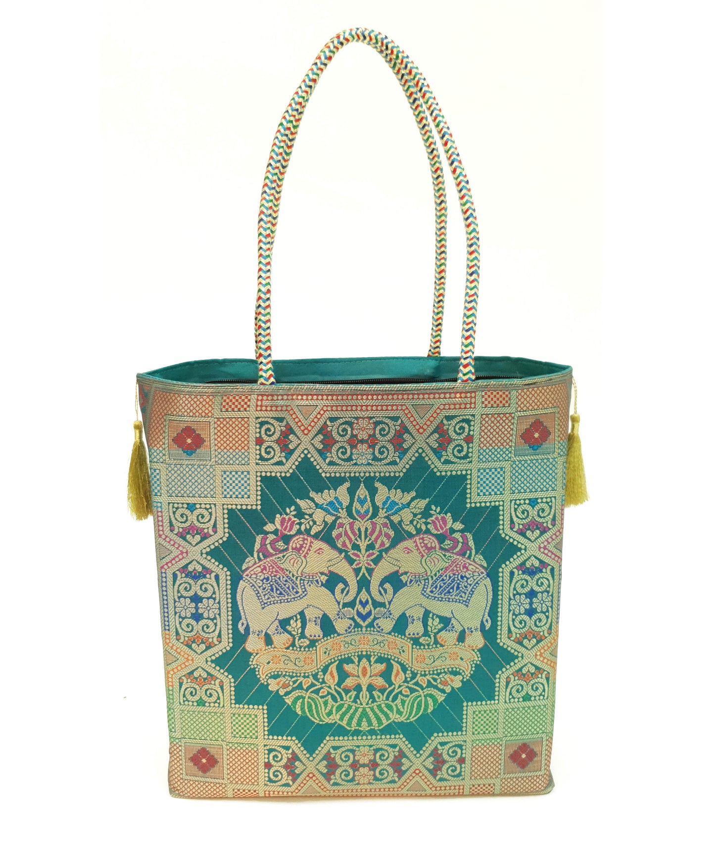 Banarasi Silk Hand Bag Woven Zari Brocade Tote Bag / Shoulder Handbags with Golden Tassels Nice item to Gift