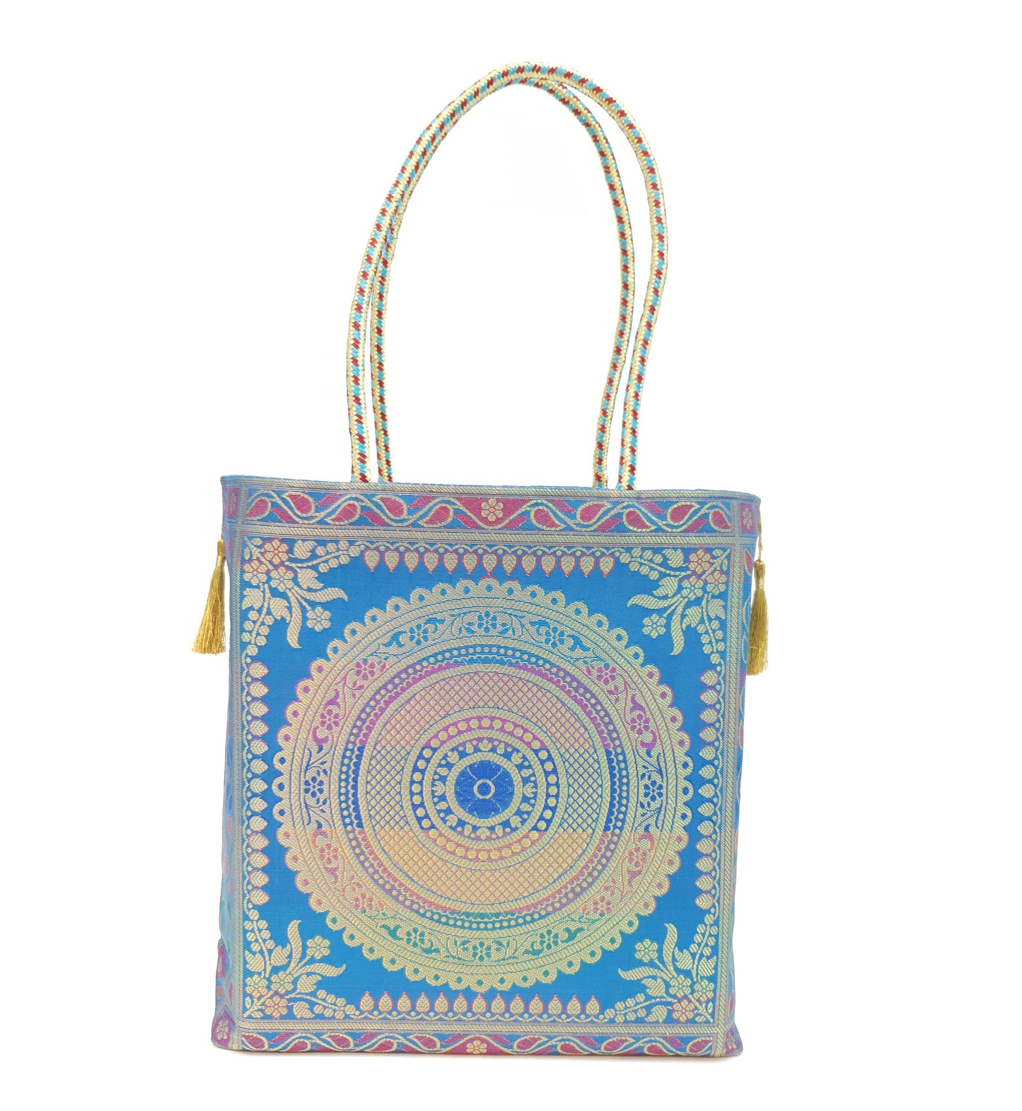Banarasi Silk Hand Bag Woven Zari Brocade Tote Bag / Shoulder Handbags with Golden Tassels Nice item to Gift