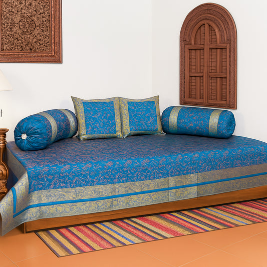 Turquoise Blue Banarasi Diwan Set Silk Zari Brocade Gift Cushion & Bolster Cover